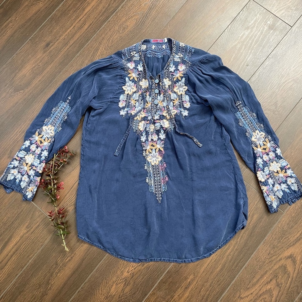 Johnny Was navy blue embroidered floral blouse